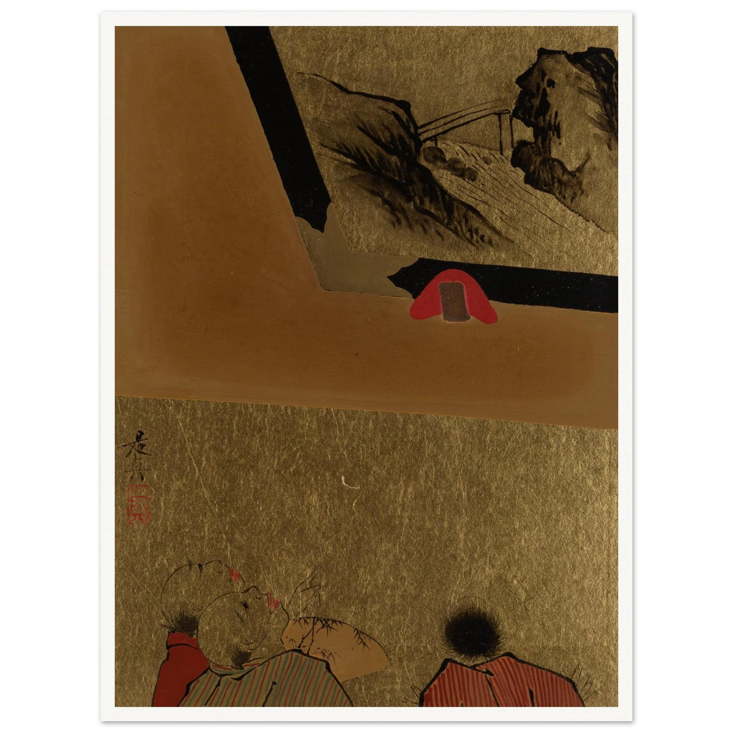 Three men view a framed lacquer drawing on gold paper in a Japanese album leaf
