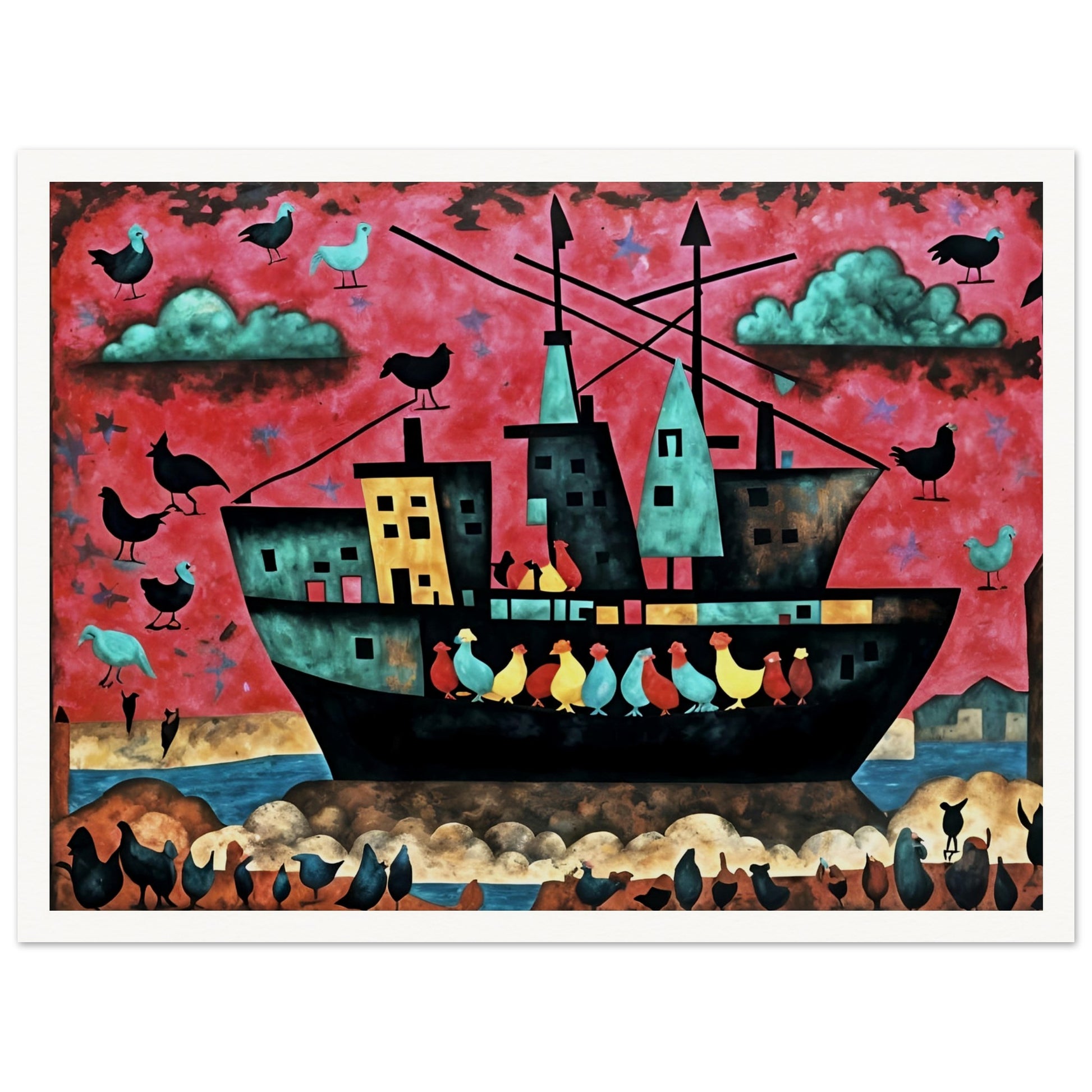 A surreal ship filled with colorful birds sails under a red sky, with more birds flying and perching around, creating a whimsical scene.