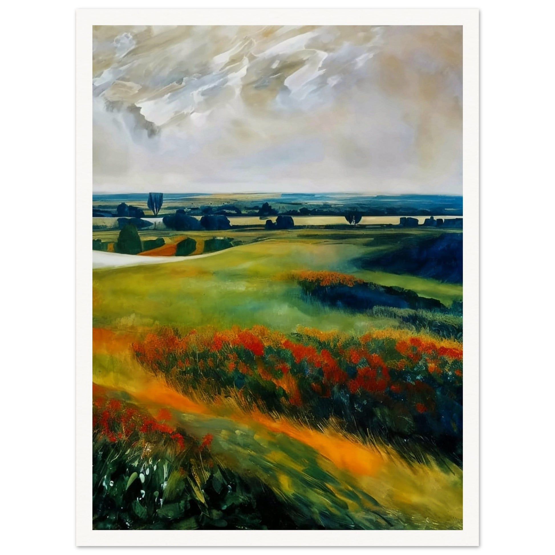 A serene landscape painting of rolling meadows with vibrant wildflowers and distant trees under a dramatic sky.