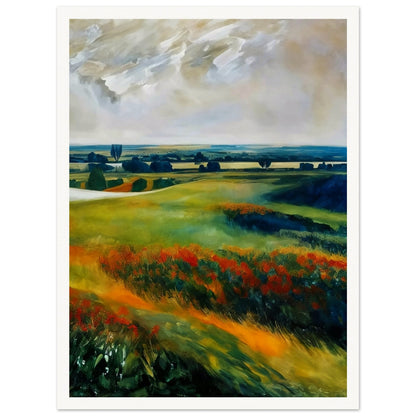 A serene landscape painting of rolling meadows with vibrant wildflowers and distant trees under a dramatic sky.