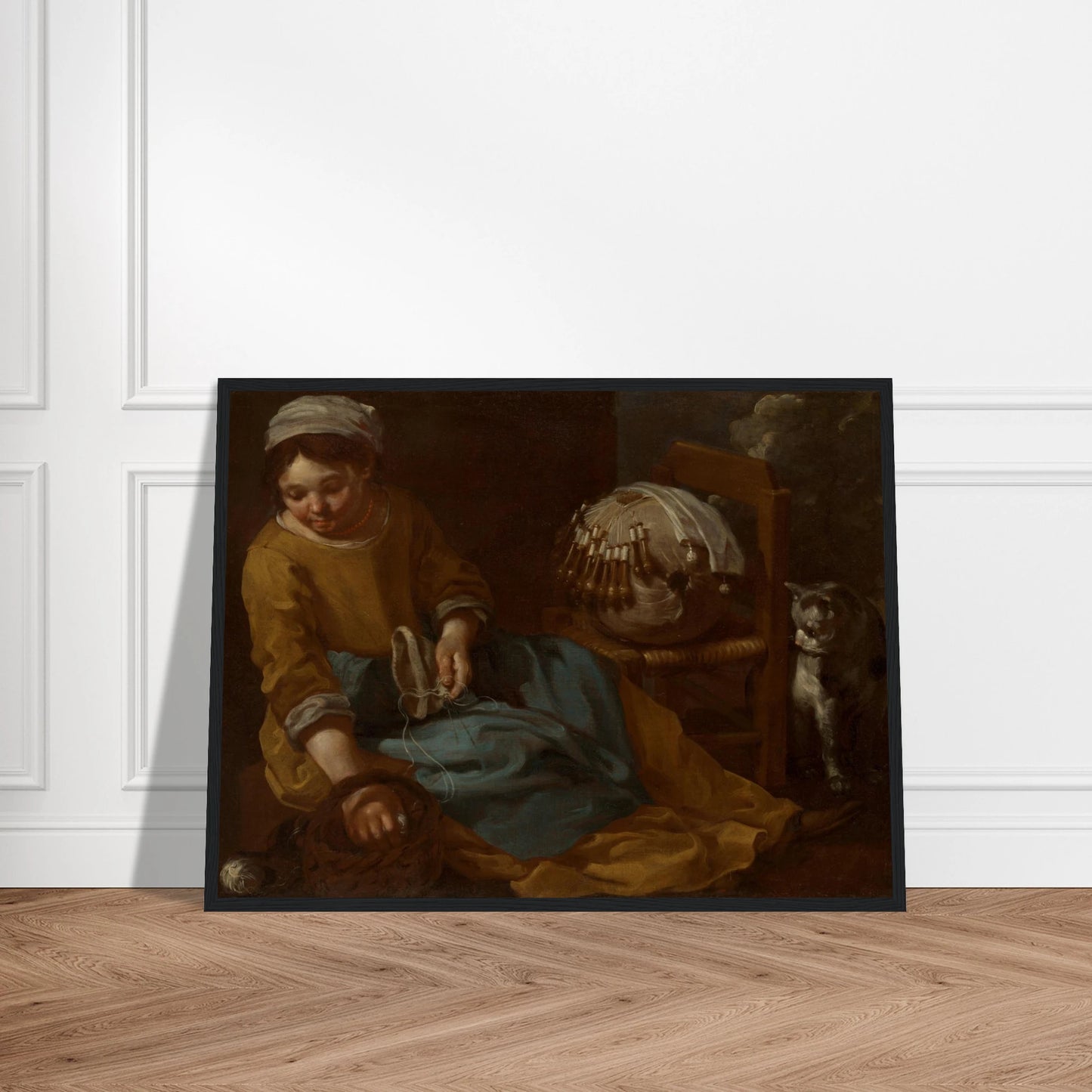 Young lacemaker works beside a chair and watchful cat in a dim interior