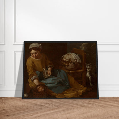 Young lacemaker works beside a chair and watchful cat in a dim interior