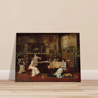Elegant parlor with women at a piano, rich decor, plants, and a sleeping dog