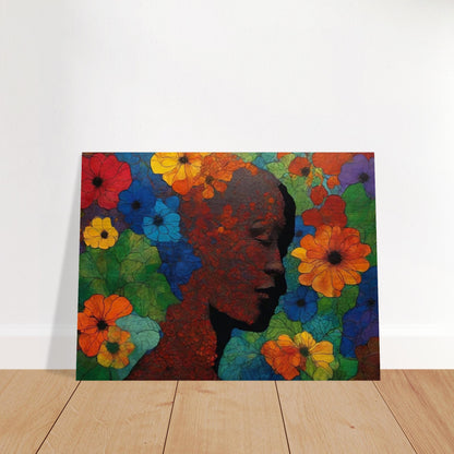 "A colorful and intricate painting of a silhouetted face surrounded by vivid red, blue, yellow, and orange flowers, blending nature with human form."