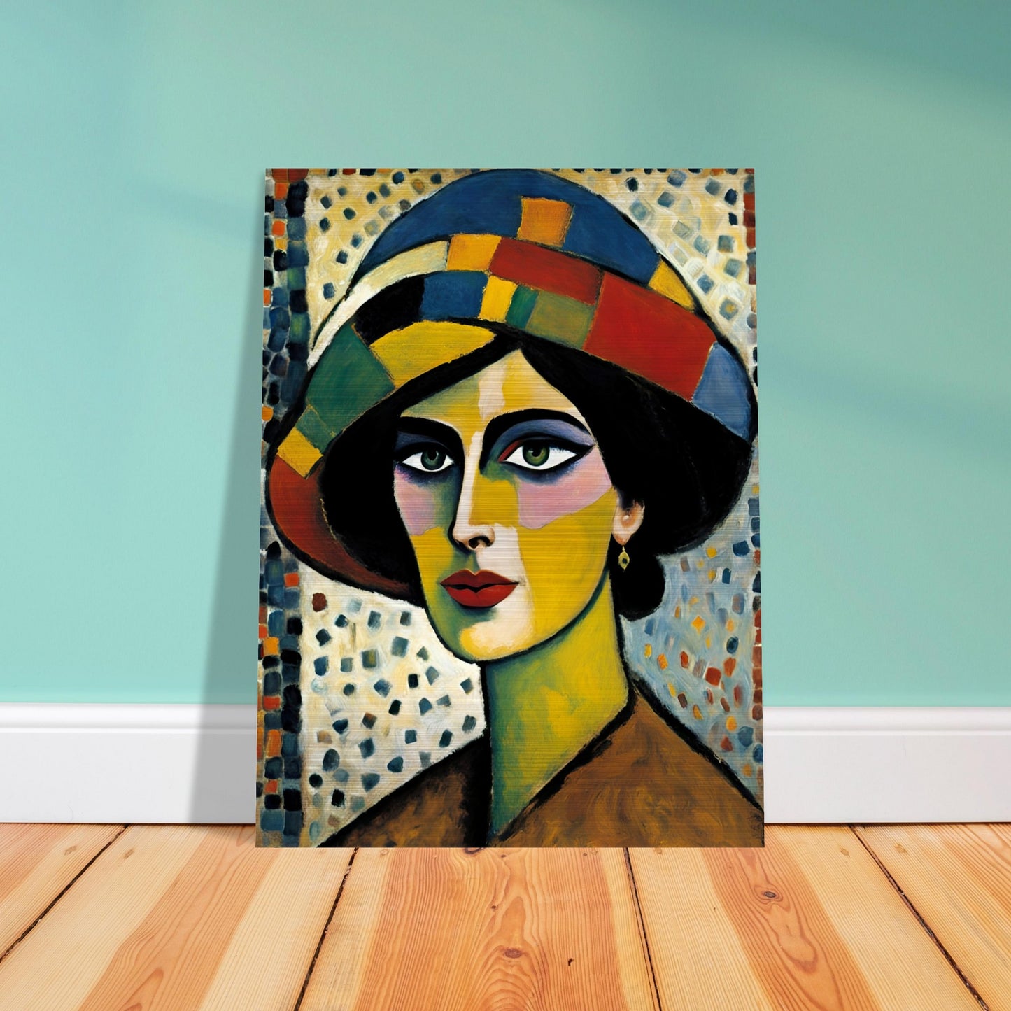 A striking portrait of a woman with bold, colorful facial features, wearing a patchwork hat against a textured mosaic background.