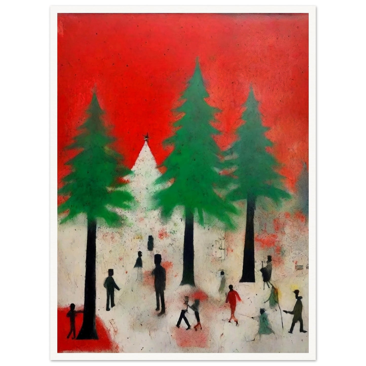 A festive winter scene with silhouettes of people among tall green pine trees, set against a bold red sky and snowy ground.