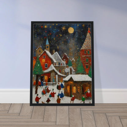 A cozy village at night, illuminated by a golden moon and stars, with snow-covered rooftops, evergreen trees, and people enjoying festive activities.