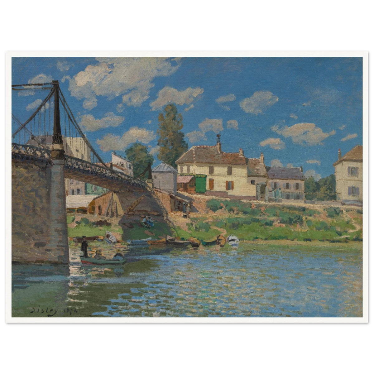 A suspension bridge, riverside houses, and small boats line the Seine under a bright blue sky.