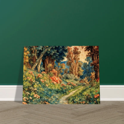 Lush flowering woodland path winding through vibrant trees, soft blossoms, and sunlit greenery in a richly detailed pastoral garden scene.