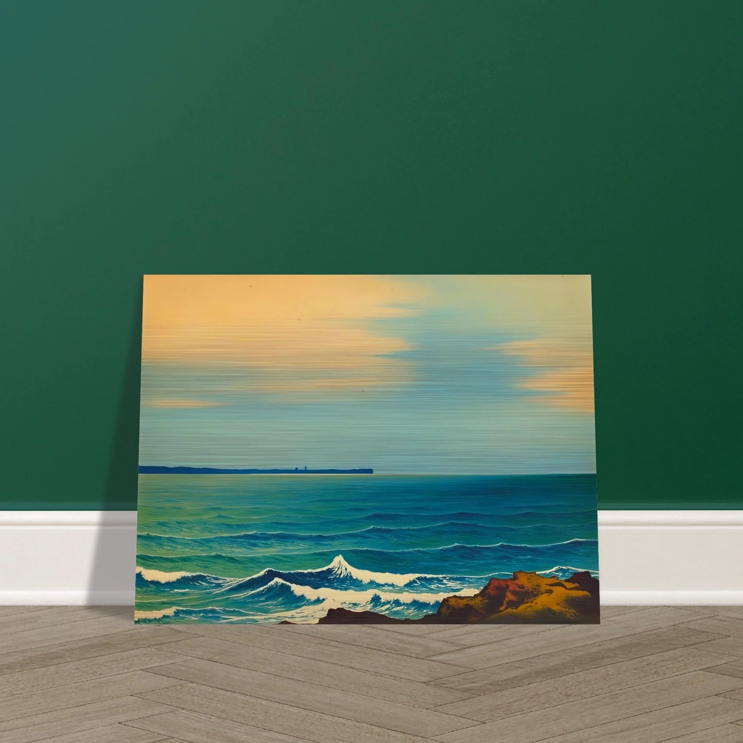A serene seascape with gentle blue waves and a soft golden sky, capturing the calm rhythm of the ocean at dusk.