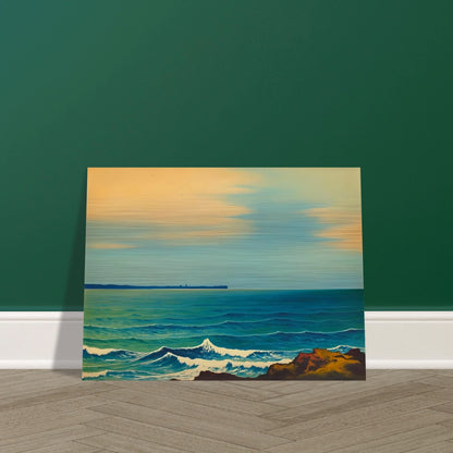 A serene seascape with gentle blue waves and a soft golden sky, capturing the calm rhythm of the ocean at dusk.