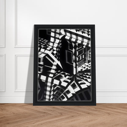 A striking black-and-white geometric composition with sharp angular patterns, distorted perspectives, and abstract architectural elements creating an optical illusion.