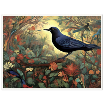 A stunning painting of a black bird with blue undertones perched amidst a vibrant forest of flowers and leaves, illuminated by a glowing golden light in the background.