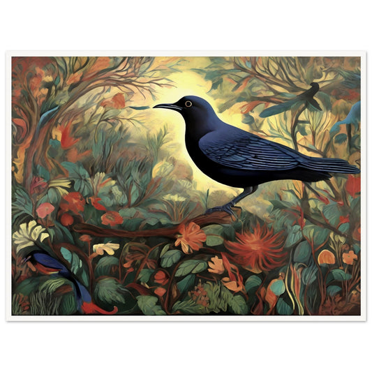 A stunning painting of a black bird with blue undertones perched amidst a vibrant forest of flowers and leaves, illuminated by a glowing golden light in the background.