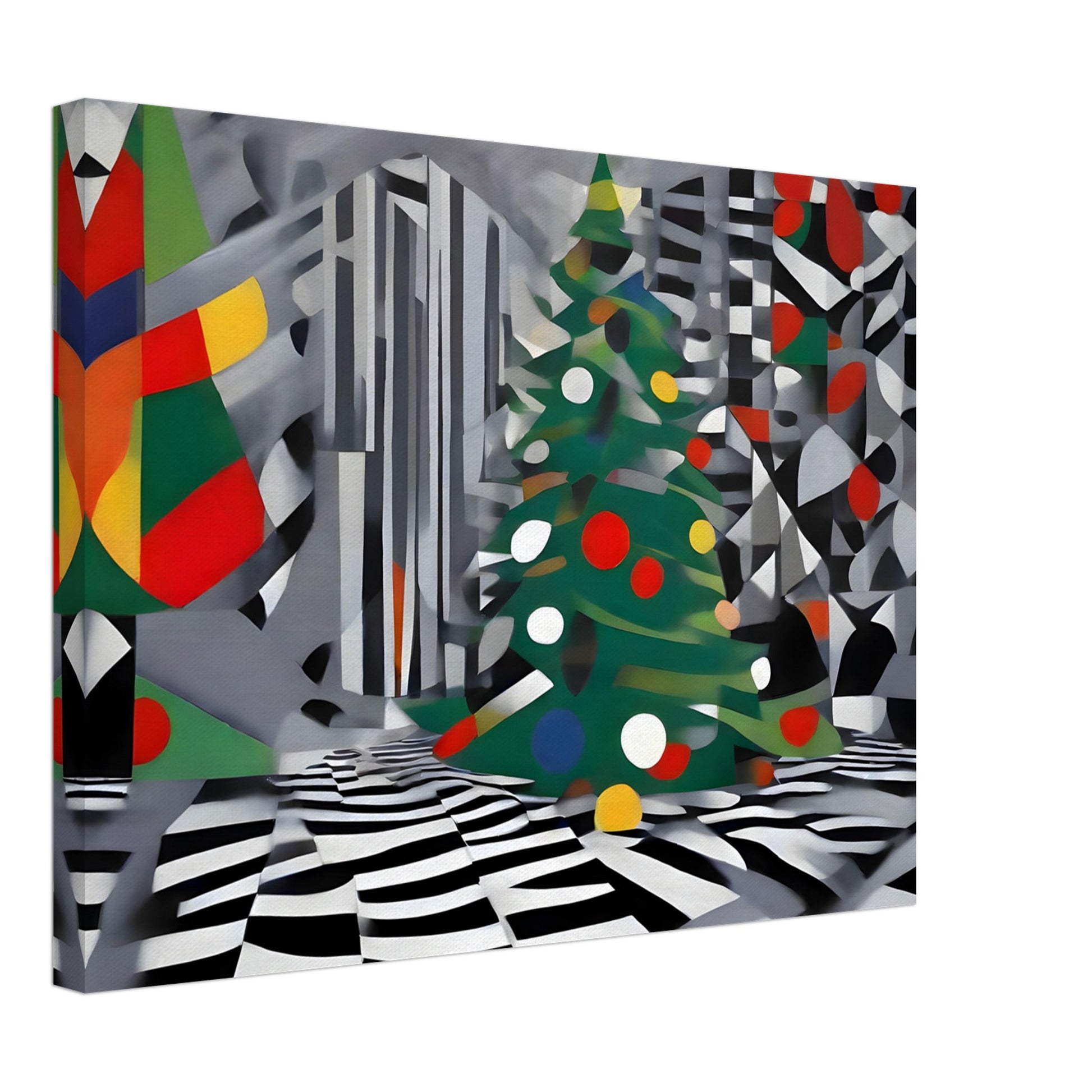 An abstract holiday scene featuring geometric Christmas trees with vibrant ornaments, set against a monochromatic patterned background.