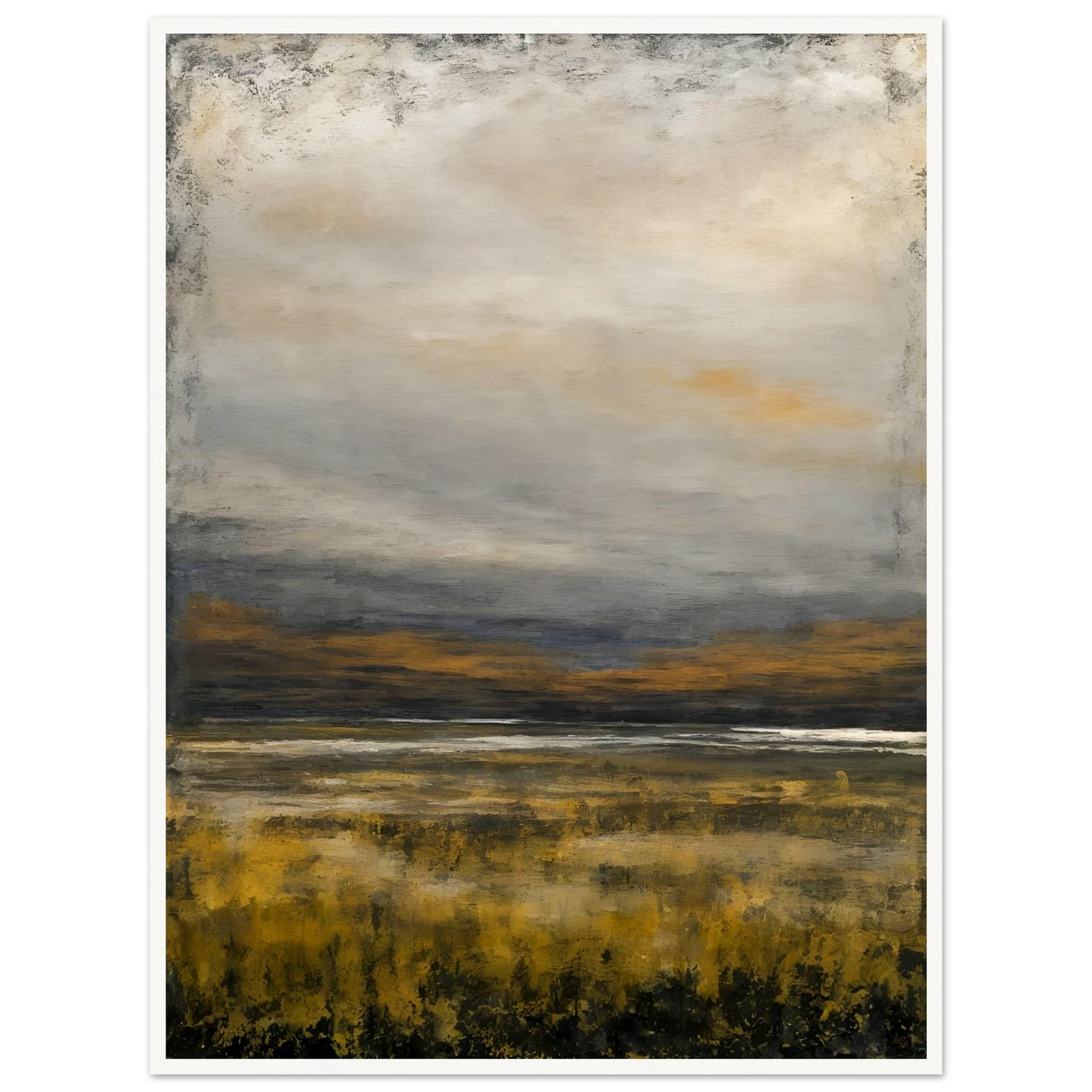A tranquil landscape featuring golden marsh grasses beneath a vast gray sky, with distant hills and reflective water creating a calm, atmospheric scene.