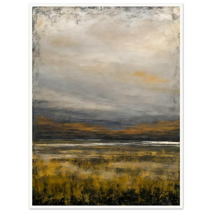 A tranquil landscape featuring golden marsh grasses beneath a vast gray sky, with distant hills and reflective water creating a calm, atmospheric scene.