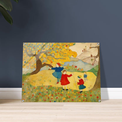 "A whimsical painting of children playing under a tree in a colorful meadow, with vibrant yellow leaves, bright flowers, and rolling hills in the background."