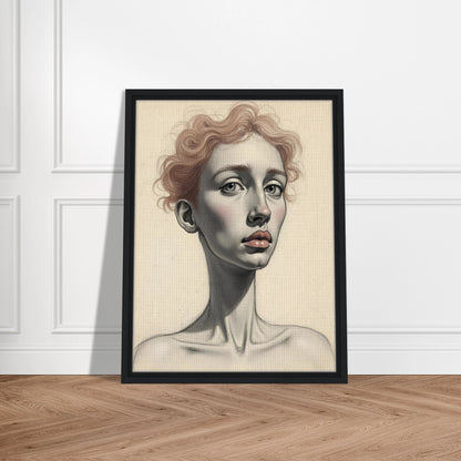 A detailed portrait of a woman with soft red curls, pale skin, and steady eyes, evoking grace and introspection.