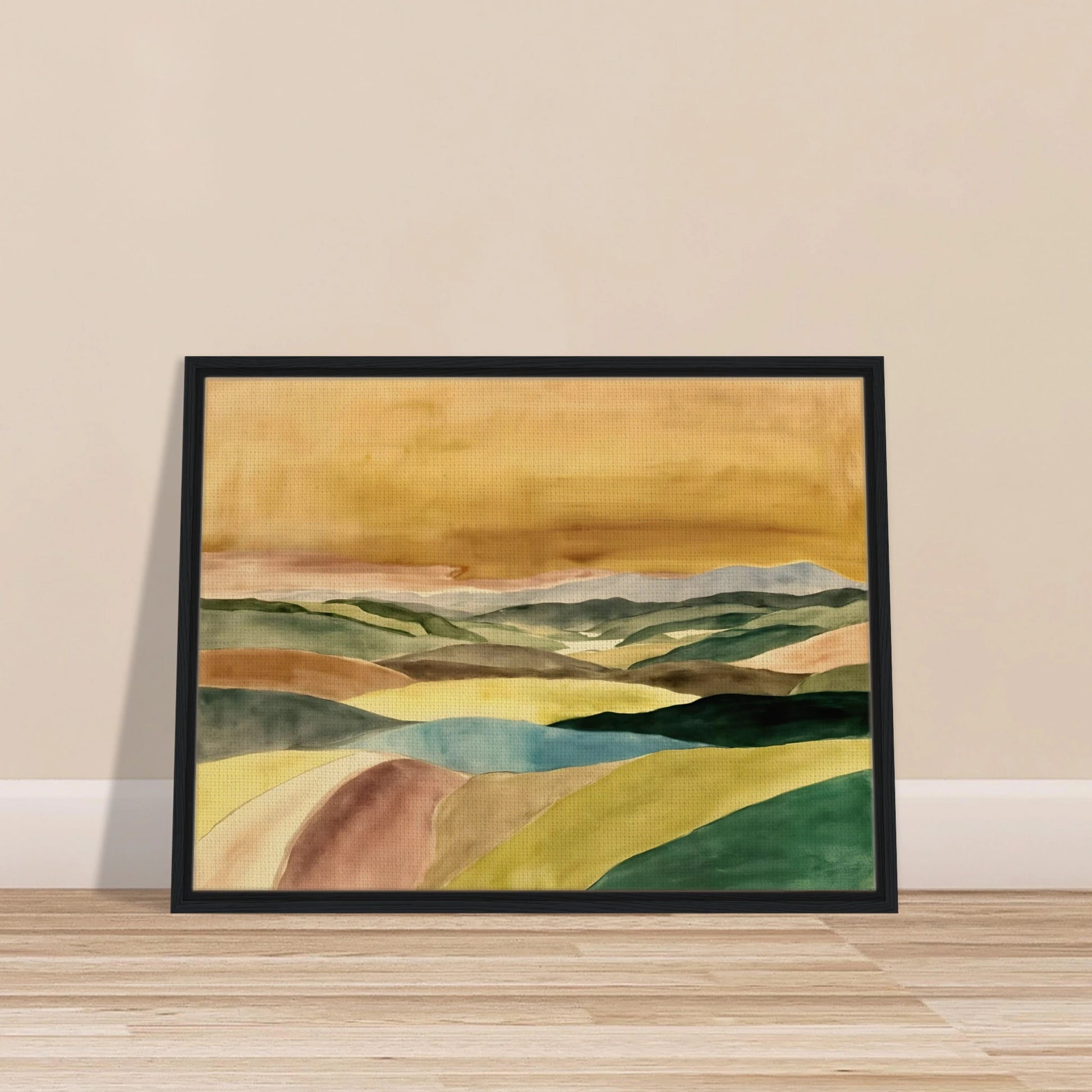 A serene landscape painting featuring layered rolling hills in shades of green, blue, cream, and brown beneath a vast golden sky. Soft contours and muted colors create a peaceful, atmospheric countryside scene stretching into the distance.