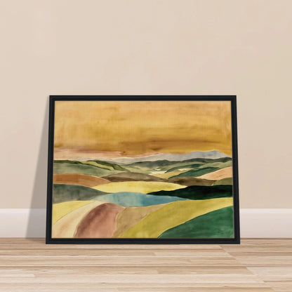 A serene landscape painting featuring layered rolling hills in shades of green, blue, cream, and brown beneath a vast golden sky. Soft contours and muted colors create a peaceful, atmospheric countryside scene stretching into the distance.