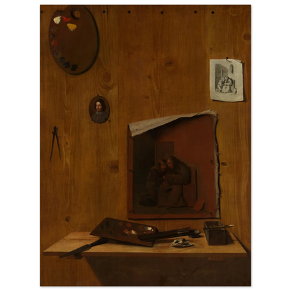 Artist palettes, brushes, prints, and a small painting hang on a wooden trompe l’oeil wall.