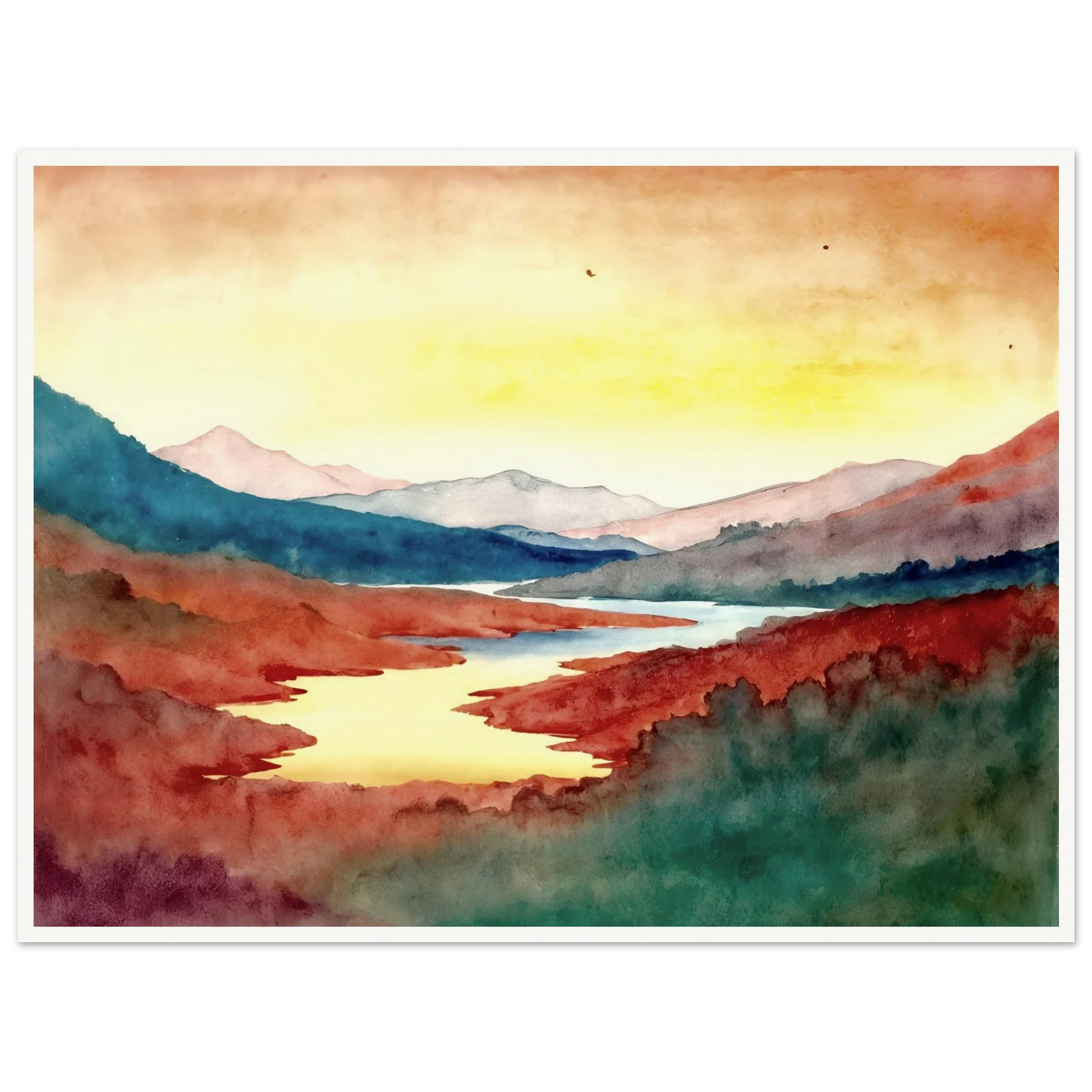A luminous river winds through crimson hills and distant mountains beneath a glowing sky washed with warm light.