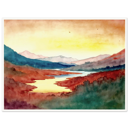 A luminous river winds through crimson hills and distant mountains beneath a glowing sky washed with warm light.