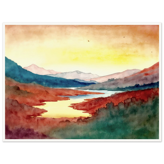 A luminous river winds through crimson hills and distant mountains beneath a glowing sky washed with warm light.