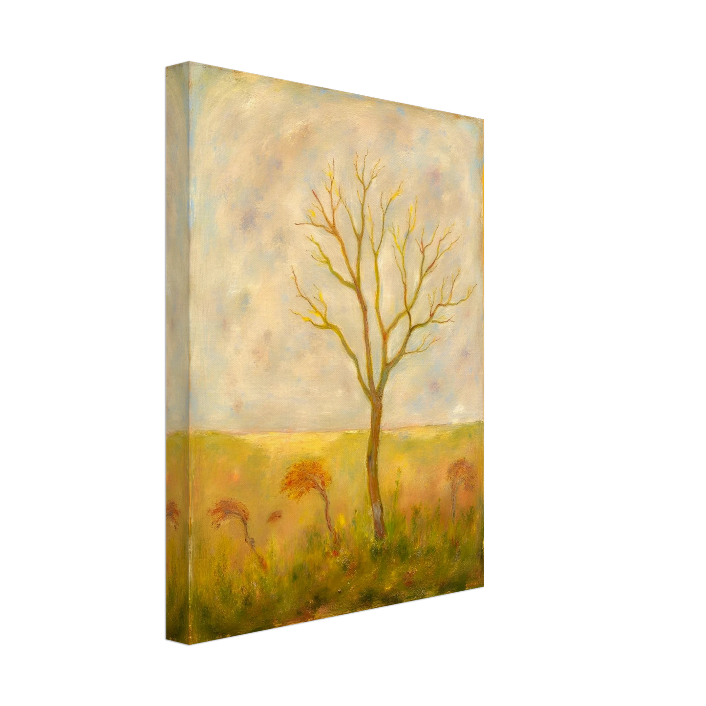 A lone tree stands tall in a golden meadow under a pale sky, its bare branches reaching gracefully toward the light.
