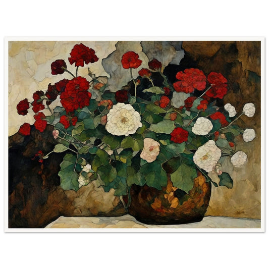 A detailed painting of a vase filled with red and white flowers, set against a textured background.