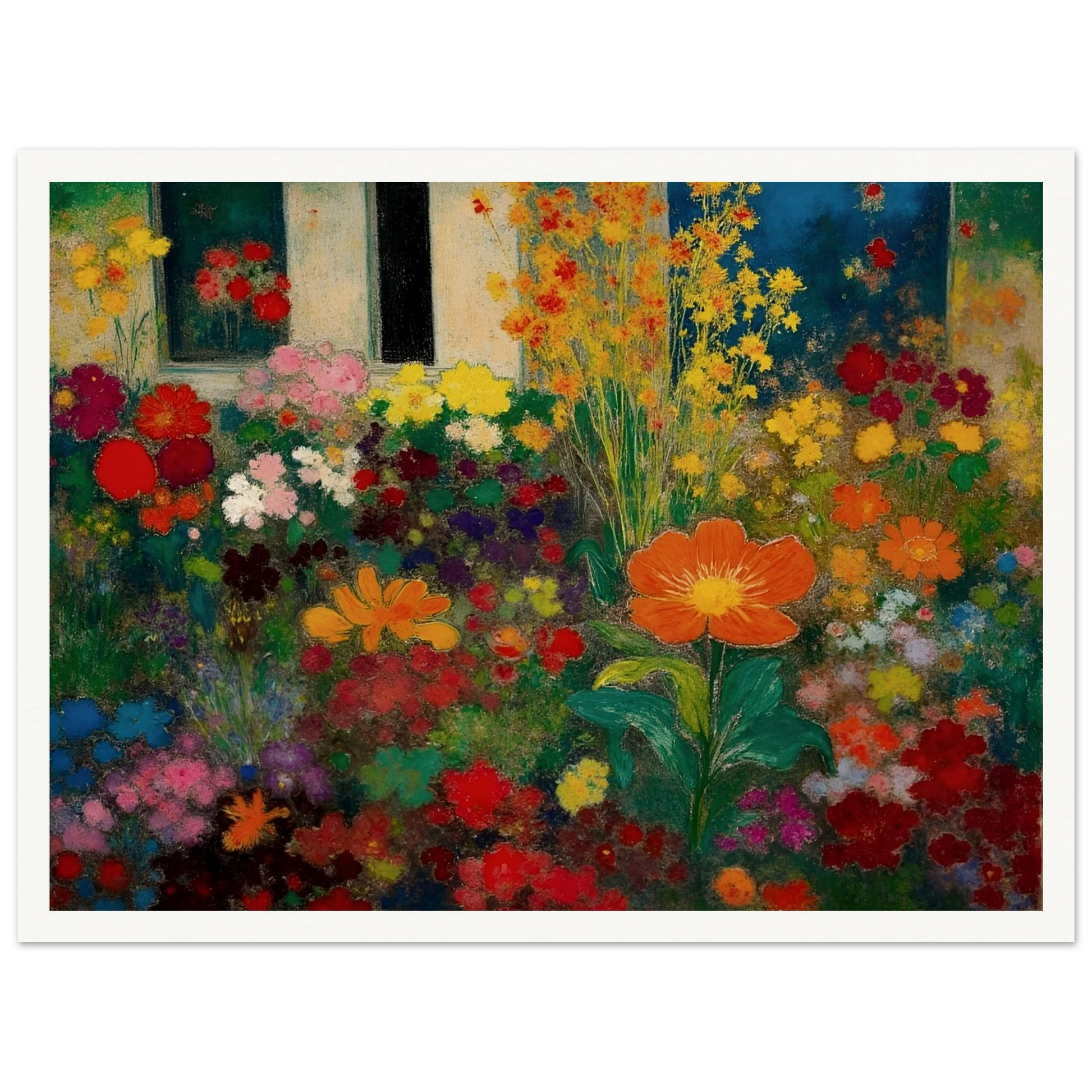 Colorful garden blooms gather before a blue door and window, led by a bright orange flower.