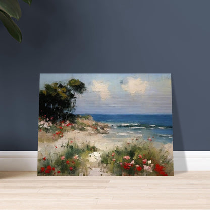 A picturesque painting of a serene beach with vibrant flowers in the foreground and calm ocean waves under a partly cloudy sky.