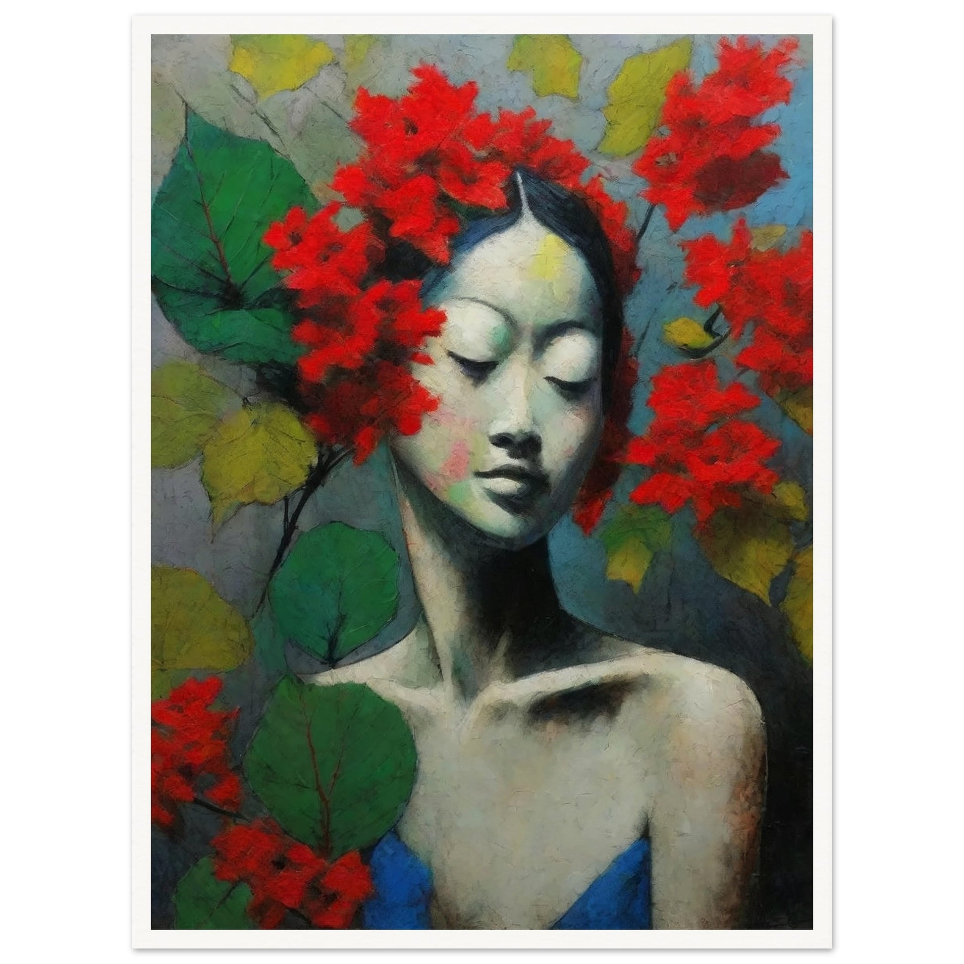 A serene portrait of a woman with her eyes closed, adorned with vibrant red flowers and green leaves, creating a peaceful and artistic composition.