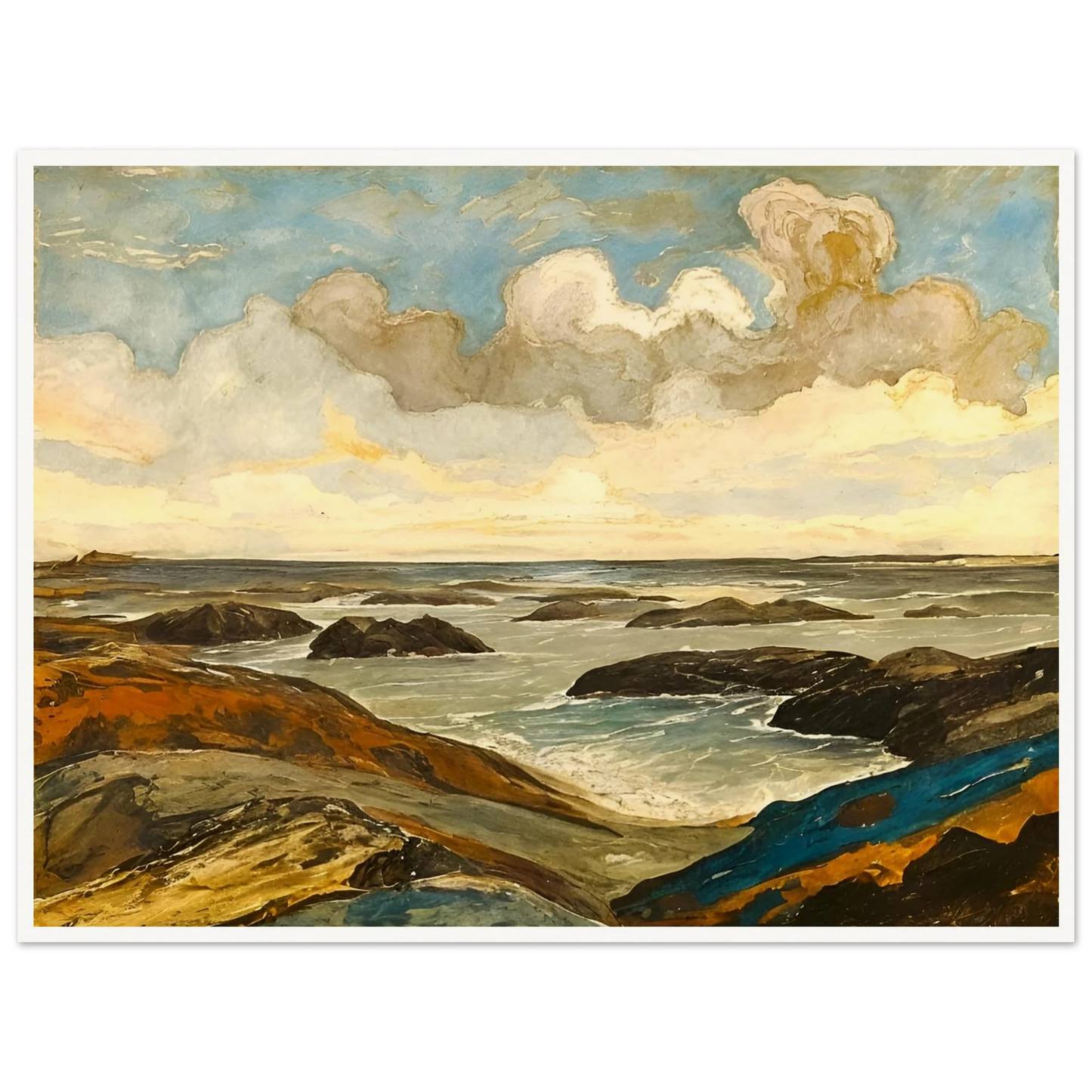 Rocky seashore with dark stones and rolling waves beneath a dramatic sky of shifting clouds and golden sunlight.