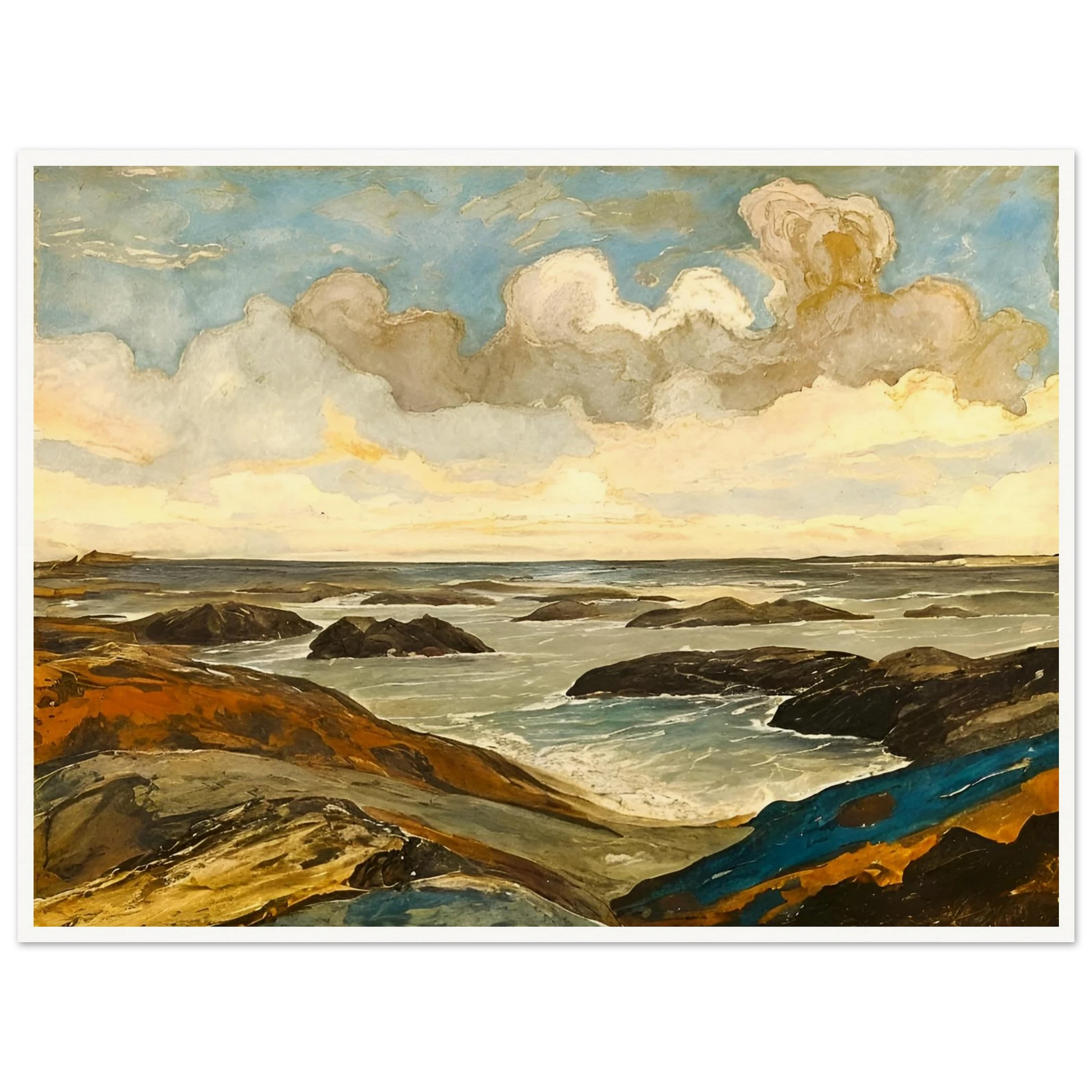 Rocky seashore with dark stones and rolling waves beneath a dramatic sky of shifting clouds and golden sunlight.