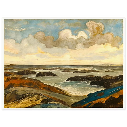 Rocky seashore with dark stones and rolling waves beneath a dramatic sky of shifting clouds and golden sunlight.