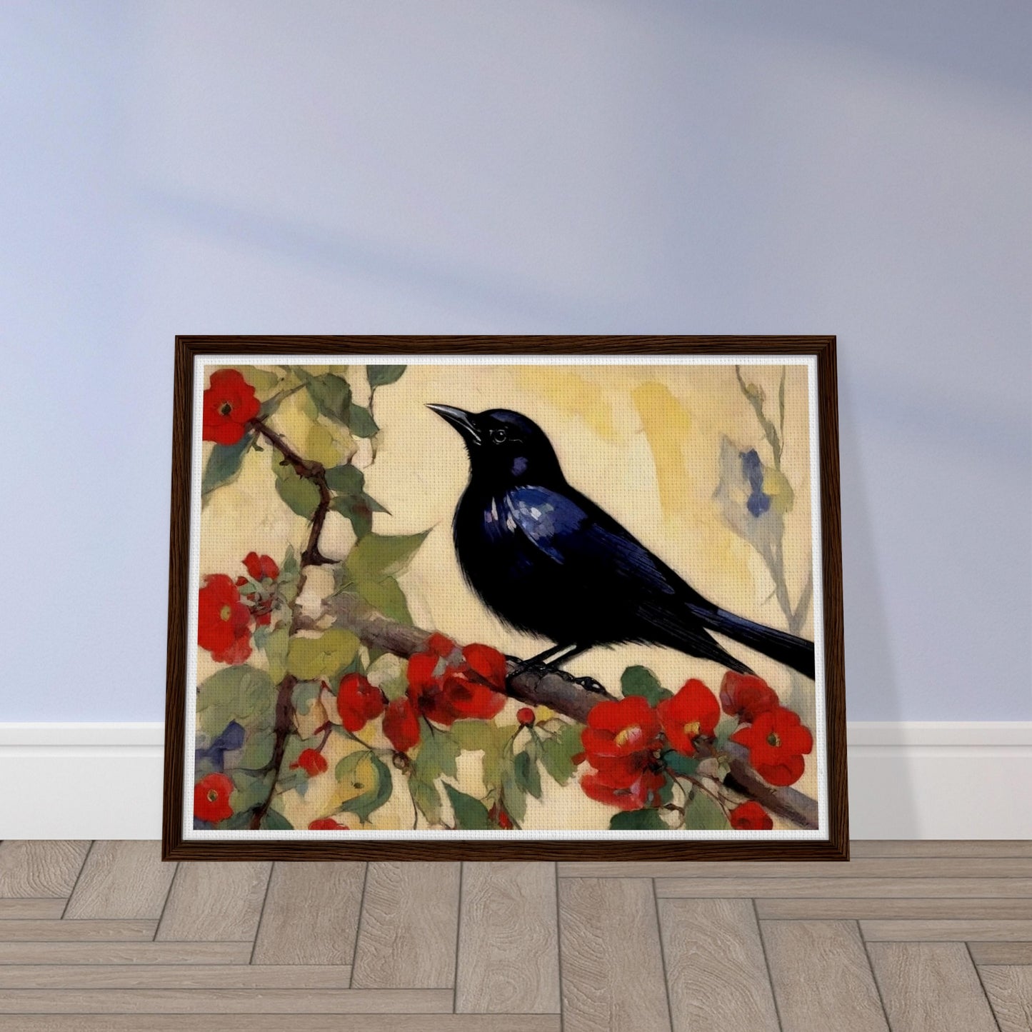 "A striking painting of a blackbird perched on a branch with vibrant red blossoms and green leaves, set against a soft, light background."