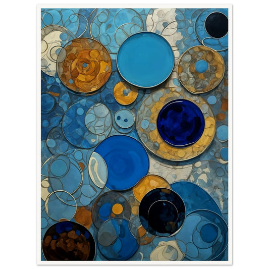 An abstract painting featuring various shades of blue and orange circular patterns overlapping in a dynamic composition.