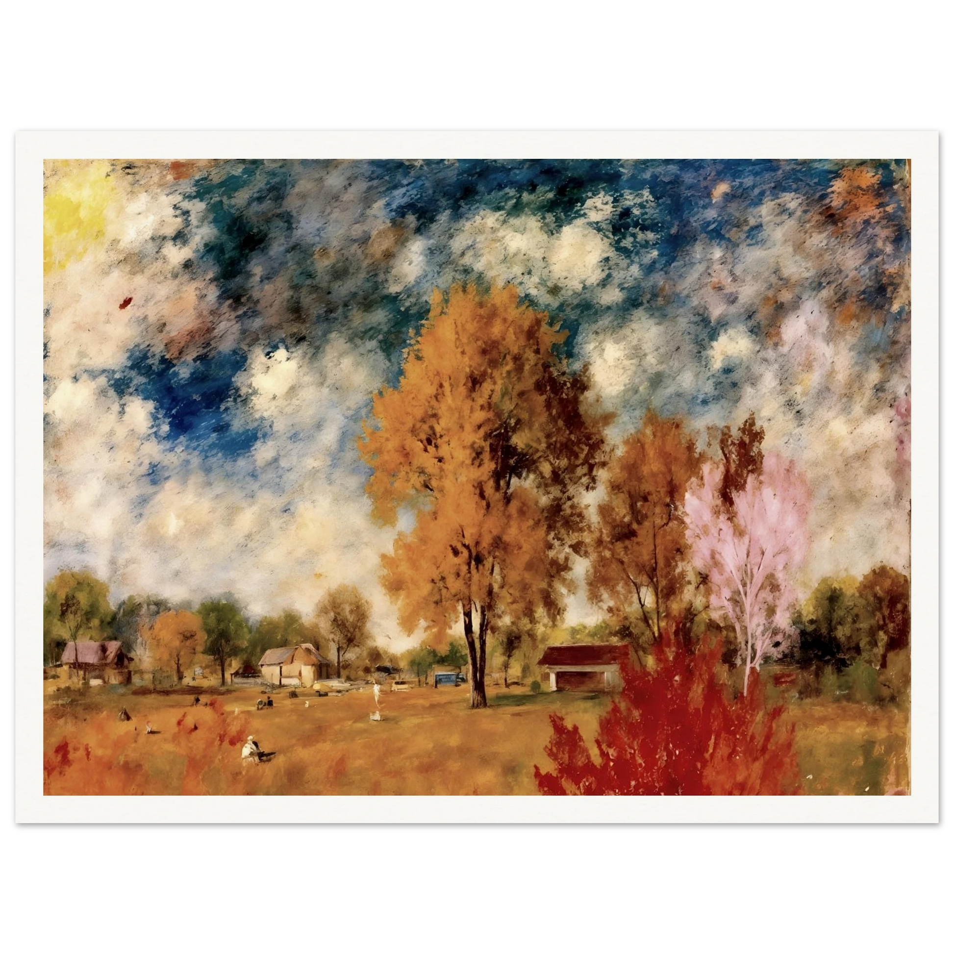 A pastoral countryside scene with autumn trees, rustic homes, golden fields, and dramatic blue skies painted in soft textured strokes.