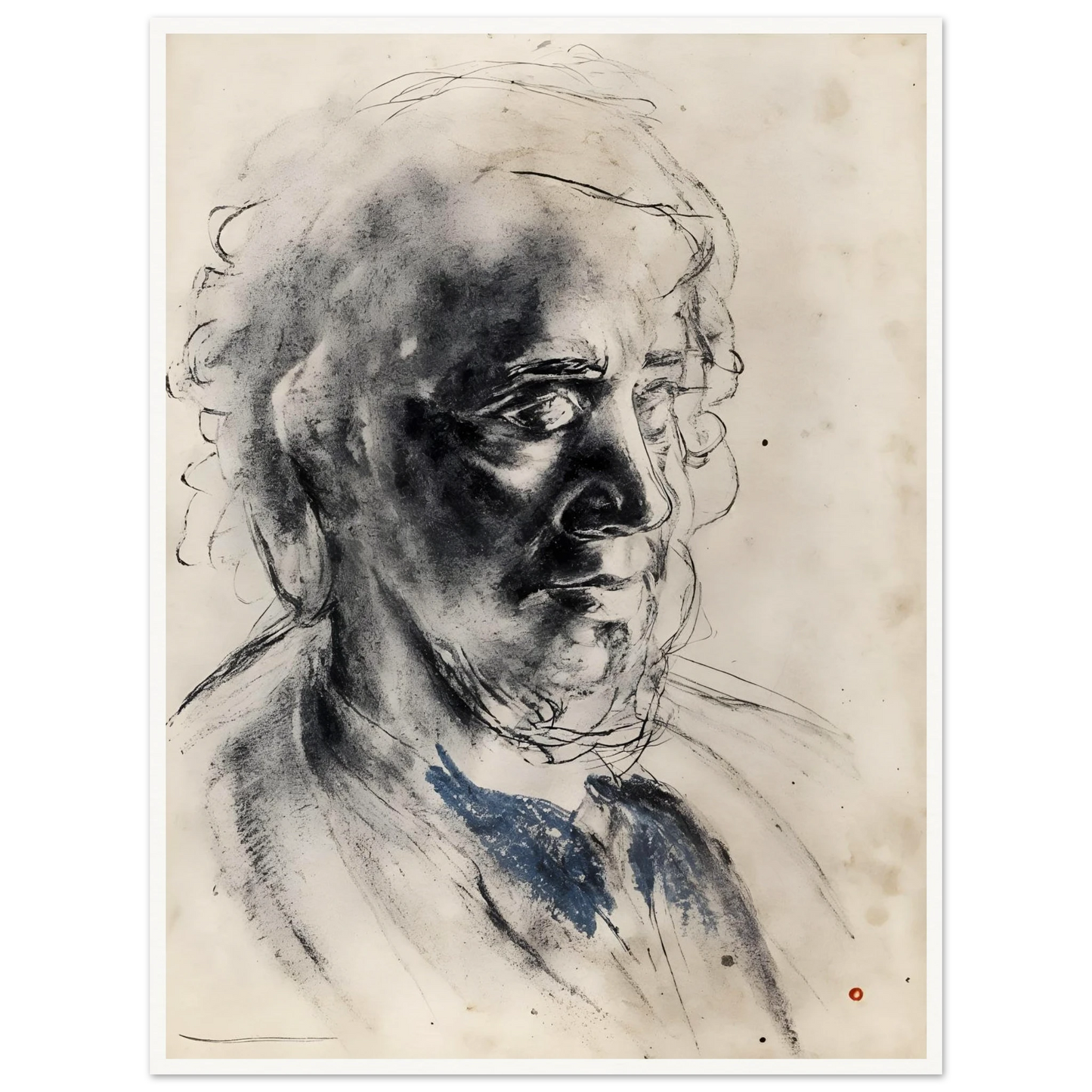 Charcoal portrait of an elderly man with deep shadows, loose lines, and a muted blue collar.