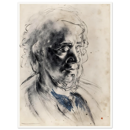 Charcoal portrait of an elderly man with deep shadows, loose lines, and a muted blue collar.