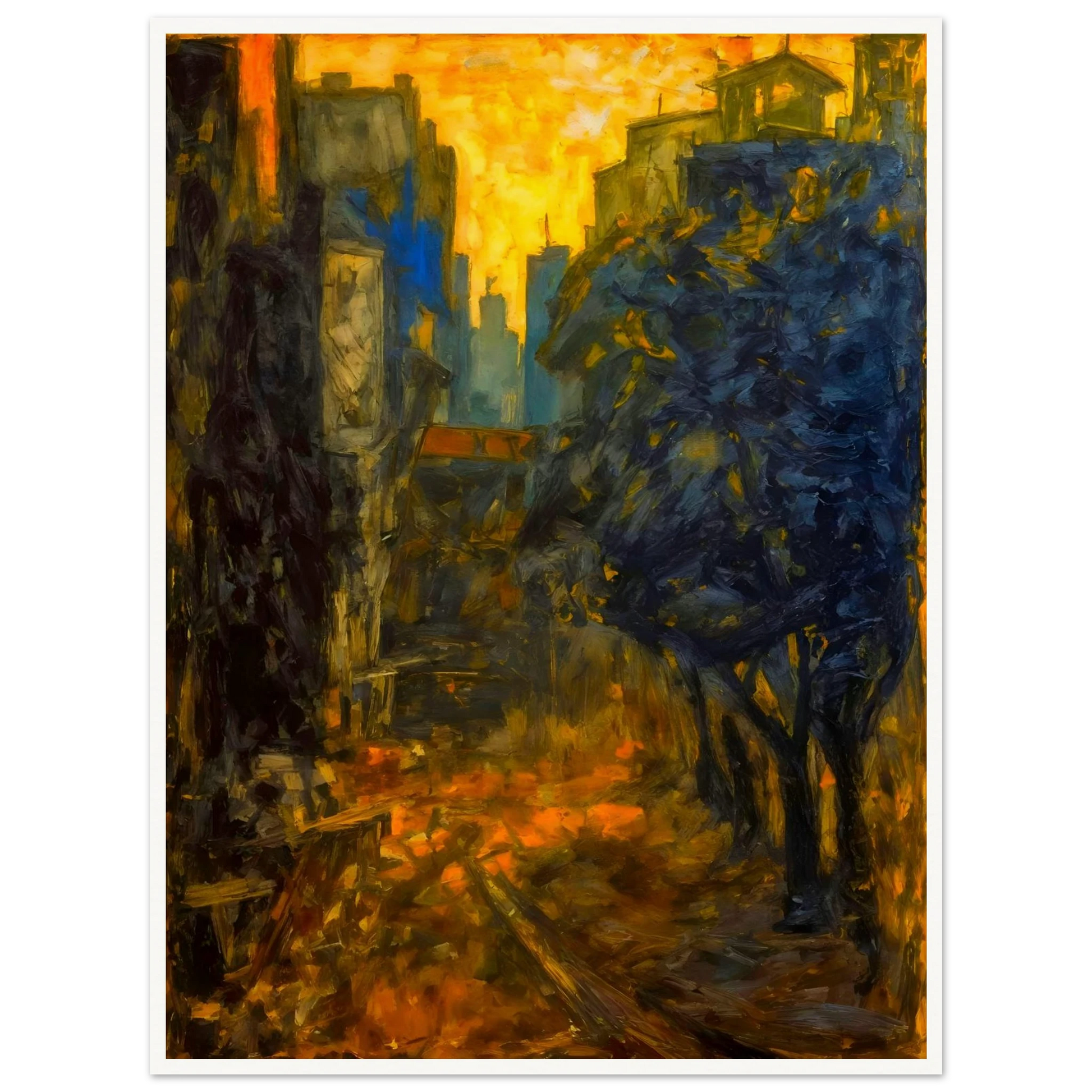 A dramatic expressionist cityscape depicting a narrow urban street framed by dark blue and black structures, illuminated by a glowing golden sky and fiery reflections along the ground.