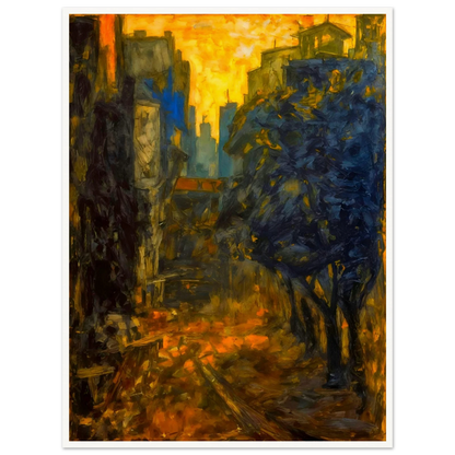A dramatic expressionist cityscape depicting a narrow urban street framed by dark blue and black structures, illuminated by a glowing golden sky and fiery reflections along the ground.