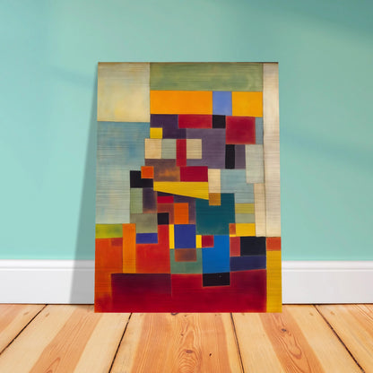A vivid mosaic of geometric color blocks in red, blue, yellow, and green, forming a modern, rhythmic visual balance.