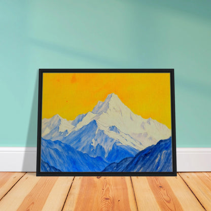 Snowy blue mountain ranges rise beneath a brilliant golden sky, blending icy grandeur with vivid warmth.