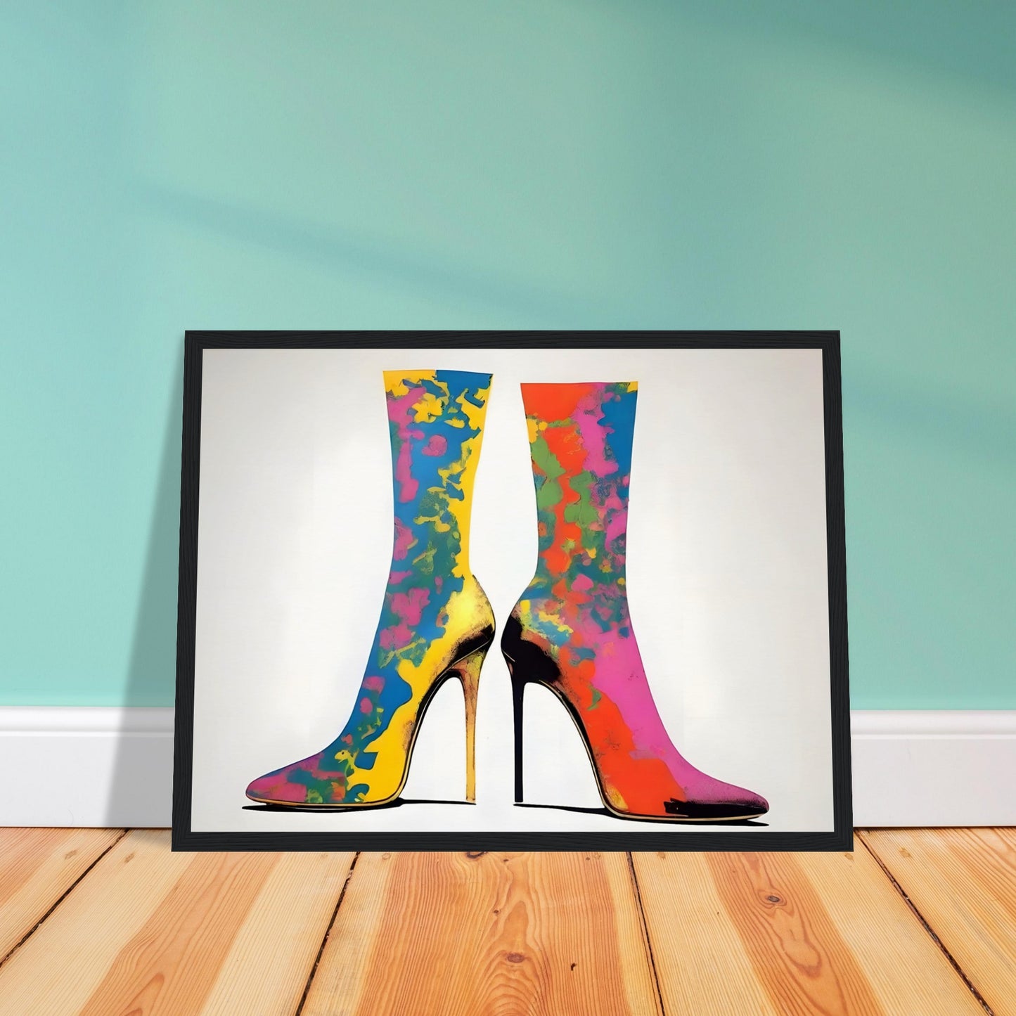 Vibrant high-heeled boots adorned with splashes of bold colors, creating a striking and fashionable design on a neutral background.