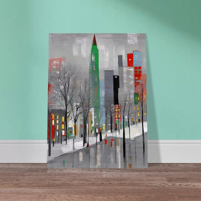 A modern winter cityscape featuring tall buildings in muted tones with pops of red and green, leafless trees, and snow-covered streets.

