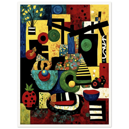 A vibrant cubist-style painting featuring geometric shapes, colorful fruit, abstract objects, and bold patterns in red, yellow, green, and blue.