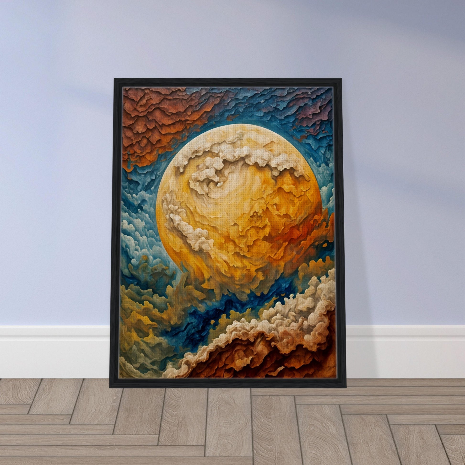 A mesmerizing cosmic painting depicting a massive swirling celestial body with fiery clouds in hues of gold, blue, and crimson.